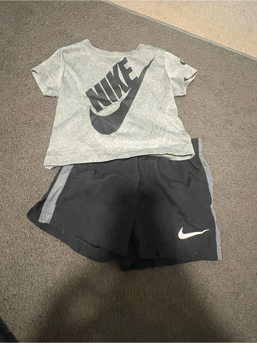 Nike Kids Grey Tee and Black Athletic Shorts